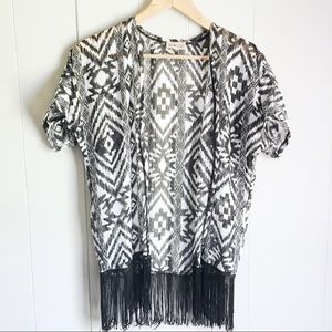 FREE KISSES Southwestern Boho Print Open Kimono Cardigan Sheer Fringed